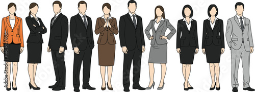 Professional business people illustration showing diverse male and female corporate executives in formal suits standing together isolated on white background