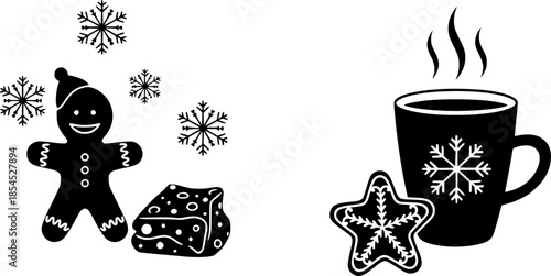 Minimalist winter design with gingerbread cookie and hot drink
