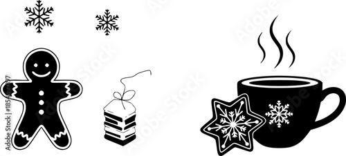 Minimalist winter design with gingerbread cookie and hot drink
