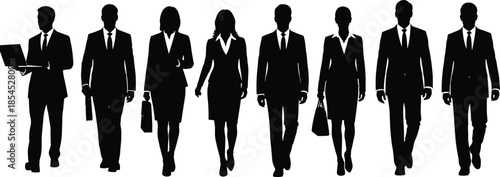 Professional business people silhouettes walking forward together representing leadership teamwork and modern corporate workforce isolated on white background flat vector illustration
