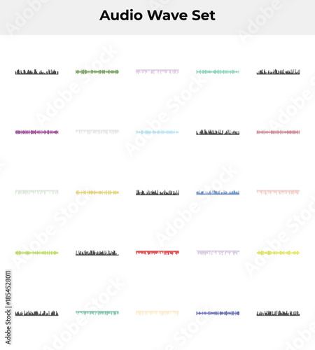 A collection of multicolored audio waveform patterns on a white background for music or sound design projects