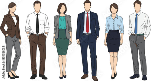 Professional business people standing together wearing modern office attire isolated on white background corporate teamwork vector illustration flat design style