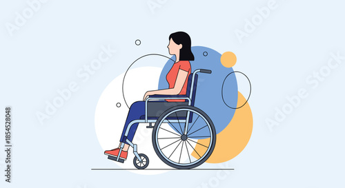 Young woman sitting in a wheelchair, depicted with dignity and strength against a modern, abstract background of colorful circles.