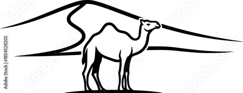 Minimalist black outline camel in desert with dune
