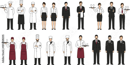 Restaurant staff character collection with chefs waiters and business professionals in uniforms standing poses isolated on white background vector illustration