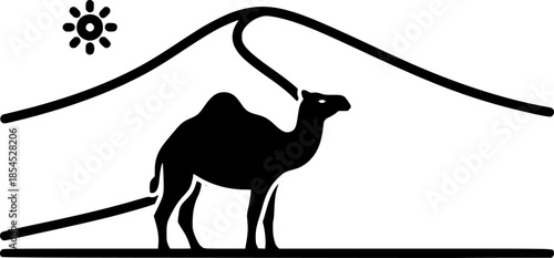 Minimalist black outline camel in desert with dune
