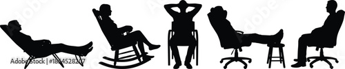 Relaxing people silhouettes sitting and reclining on different chairs, black vector illustration representing rest, comfort, leisure time, and modern lifestyle concepts