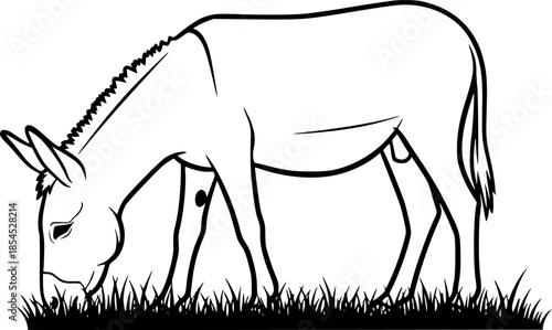 Simple black and white outline drawing of a donkey grazing
