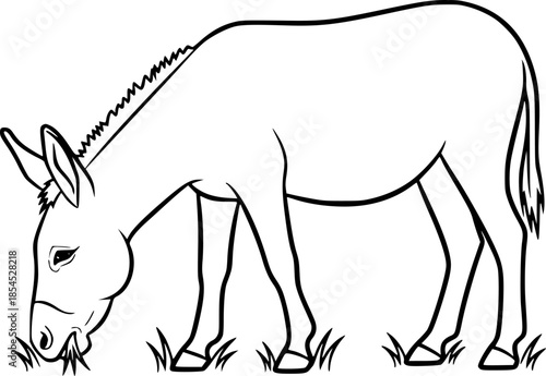 Simple black and white outline drawing of a donkey grazing
