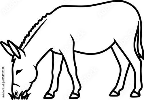 Simple black and white outline drawing of a donkey grazing

