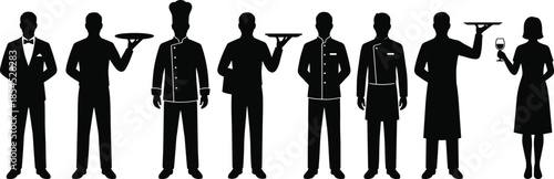 Restaurant staff silhouettes featuring chefs waiters and hospitality servers holding trays and kitchen tools isolated on white background vector illustration