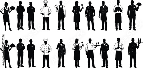 Restaurant staff silhouette set featuring chefs waiters and hospitality workers holding trays bottles and kitchen tools isolated on white background vector illustration