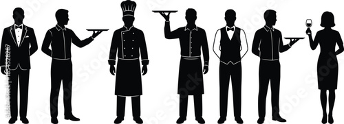 Restaurant staff silhouettes featuring chefs waiters and hospitality servers holding trays and kitchen tools isolated on white background vector illustration
