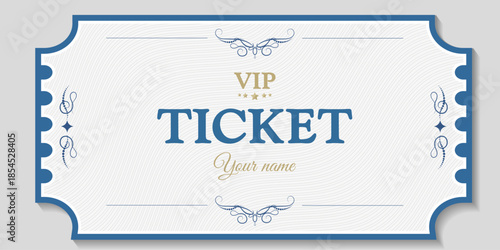 Elegant vintage VIP ticket. Vector with blue and gray shades, ornaments, and a place for a name. Perfect for sophisticated events, concerts, movies, and festivals.