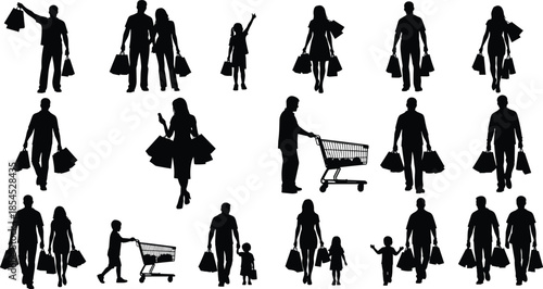 Shopping people silhouettes set showing families adults and children carrying bags and carts representing modern retail consumer lifestyle isolated on white background
