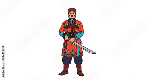 Circassian warrior in traditional red and blue clothing, holding a shashka sword and standing ready for battle in a historical depiction.