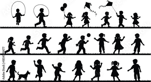 Silhouette children playing outdoors together with jump rope kites balloons running and fun activities, happy childhood recreation illustration background