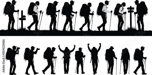 Silhouette collection of hikers trekking with backpacks walking on mountain trail, exploring nature, celebrating adventure and outdoor travel lifestyle