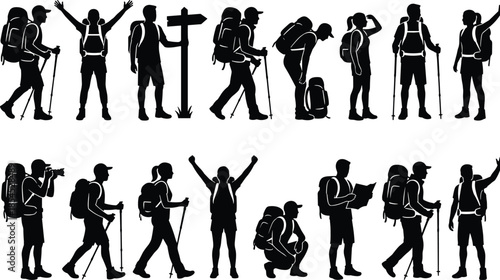 Silhouette collection of hikers trekking with backpacks walking, exploring nature, navigating trails, camping and celebrating outdoor adventure travel activity