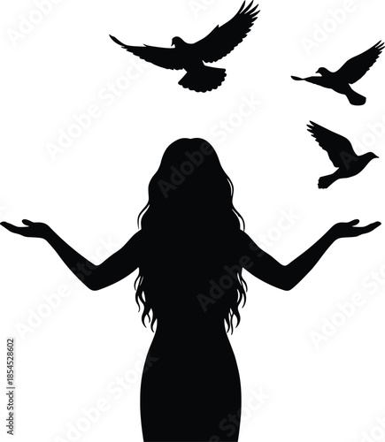 Silhouette of woman releasing flying birds in sky symbolizing freedom peace hope and independence on white background vector illustration