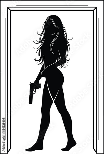 Silhouette of dangerous woman with gun standing in doorway symbolizing power mystery action crime thriller character dark vector illustration