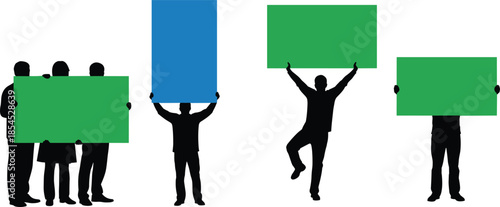 Silhouette protesters holding blank placards symbolizing demonstration, activism, freedom of speech, social justice, and public protest movement illustration