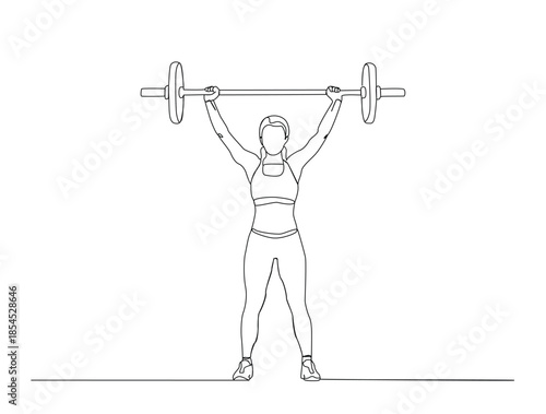 Continuous Line Art of Woman Lifting Barbell Overhead. Editable stroke.