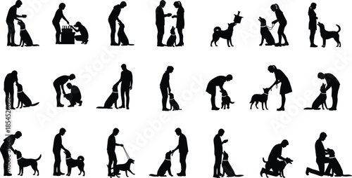 Silhouette set of people training dogs, teaching obedience, rewarding good behavior and bonding with pets in various training activities