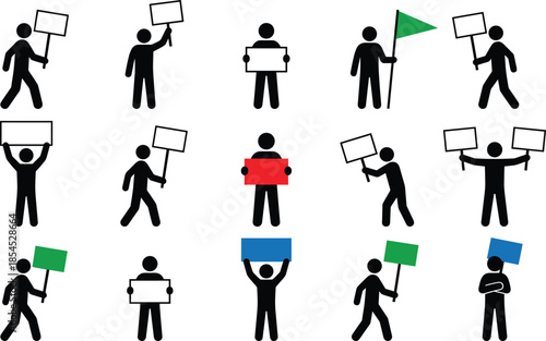 Silhouette protesters holding signs and flags illustrating demonstration, activism, freedom of speech, civic engagement, and social movements flat vector
