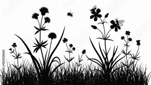 Silhouette of Wildflowers and Butterflies in Grass.