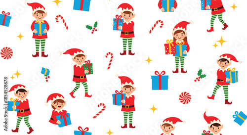 Festive seamless Christmas pattern with cheerful elves carrying gifts, candy canes, and sweets on a clean white holiday background.