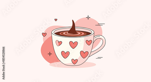 Cozy mug decorated with pink hearts and filled with steaming hot chocolate, creating a warm and loving Valentine's Day illustration.