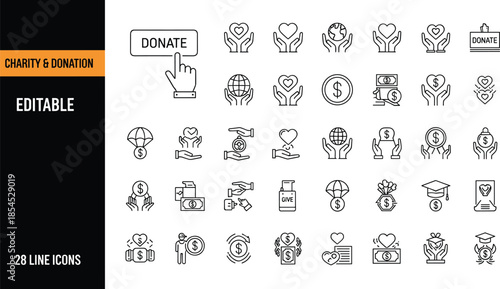 Set of charity and donation vector line icons featuring heart money and helping hand symbols with editable stroke for non profit