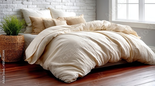 Serene white bed arrangement neatly made bed showcasing crisp white comforter plush pillows inviting serene relaxation