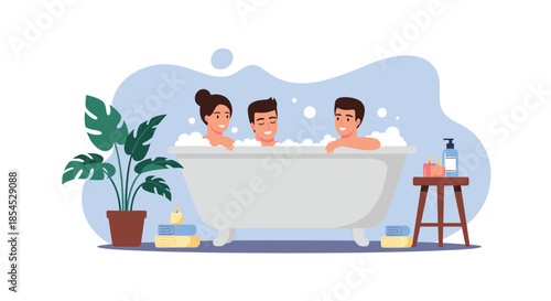 Three happy friends enjoying a relaxing and fun time together in a large bathtub filled with soap bubbles and foam.