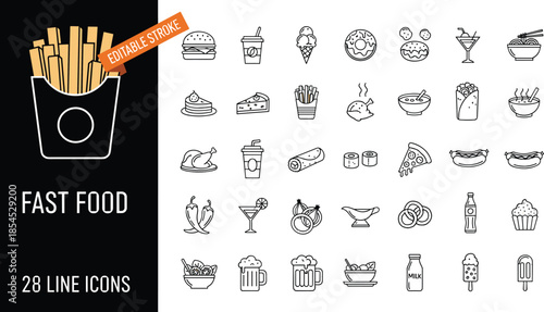 Set of fast food and snack vector line icons featuring burger fries and drink symbols with editable stroke for restaurant menu