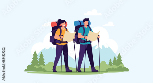 Happy couple of hikers with backpacks and trekking poles navigating their route with maps during an adventurous mountain trek.
