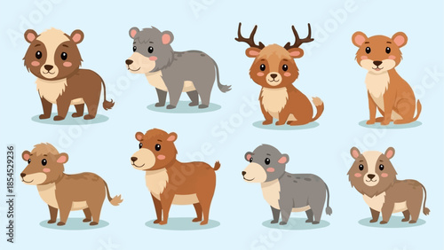 Collection of Adorable Cartoon Animals in Various Poses.