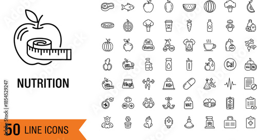 Set of nutrition and healthy food vector line icons featuring fruit diet and weight loss symbols with editable stroke for wellness