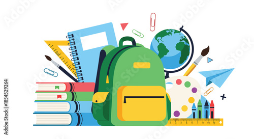 Colorful collection of essential school supplies, including a green backpack, books, globe, and art materials for the new academic year.