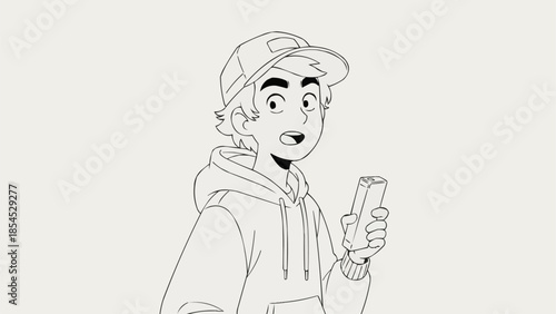 Young man wearing a baseball cap and hoodie holding a snack.