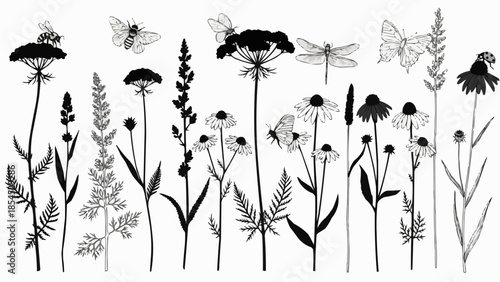 Silhouette Collection of Wildflowers and Insects in a Meadow.