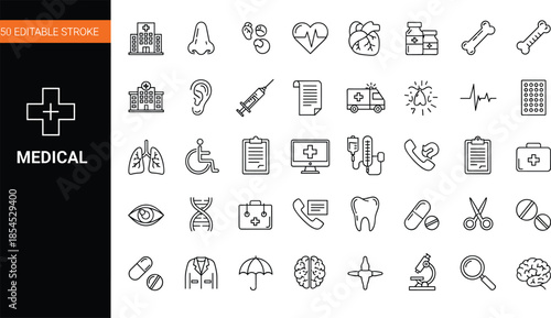 Set of medical and healthcare vector line icons featuring hospital doctor and pharmacy symbols with editable stroke for clinic