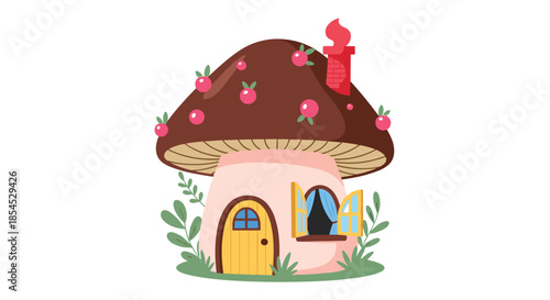 Whimsical fairytale mushroom house with a yellow door, an open window, and a smoking chimney, nestled among green leaves.
