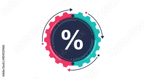 Modern flat design icon with a percentage symbol inside rotating gears, representing financial processes, discounts, or loan rates.