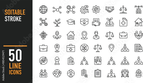 Set of social responsibility and community vector line icons featuring justice environment and business symbols with editable stroke for organization