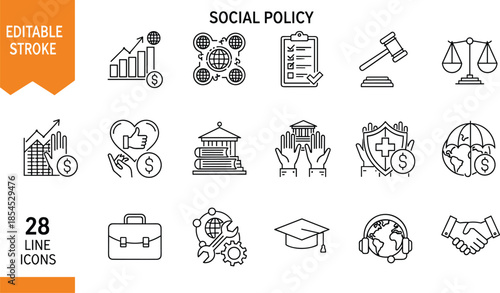 Set of social policy and law vector line icons featuring justice government and welfare symbols with editable stroke for politics