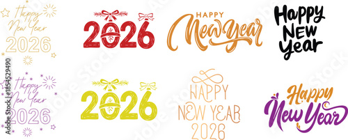 Happy New Year 2026 icon set. Unique 2026 logo design template. Festive, dynamic, and fun concept for New Year's Eve, party invitations, celebration. Vector illustration for greeting card, invitation.