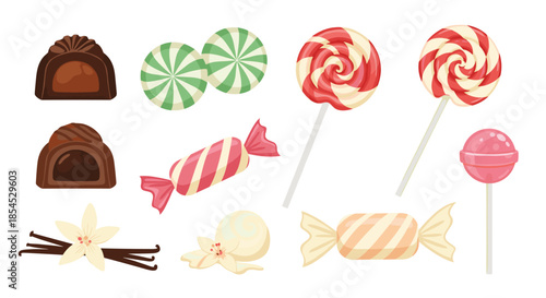 Sweet collection of various candies including chocolate truffles, lollipops, wrapped sweets, and vanilla pods, on a white background.