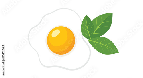 Simple and healthy breakfast illustration of a perfectly fried egg, sunny-side up, garnished with two fresh green basil leaves.
